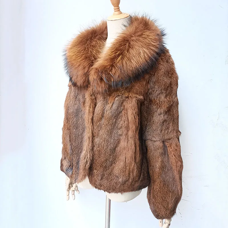 Abrigo de piel de conejo Real con Cuello de piel de mapache, chaqueta de  manga larga, prendas de vestir cálidas, moda de invierno, 2023 - AliExpress
