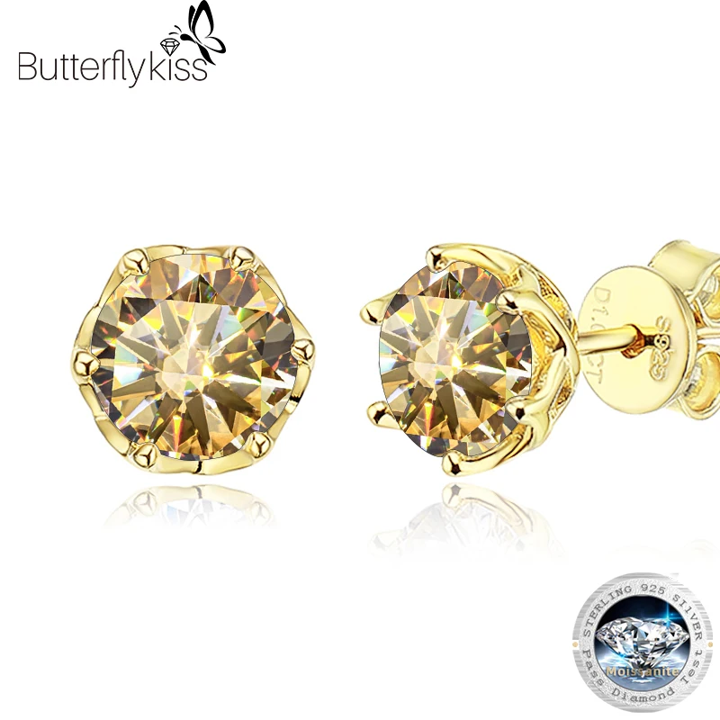 Butterflykiss S925 Sterling Silber vergoldete D-Farbe Moissanit-Ohrstecker für Frauen, hochwertiger, funkelnder Hochzeitsschmuck