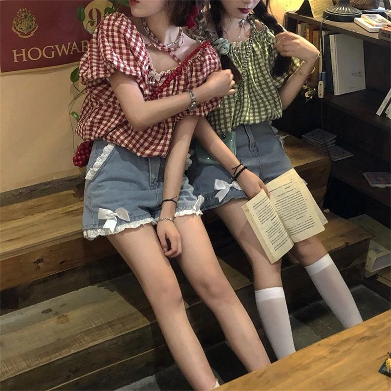 Summer Women's Cute Bow Tie Lace Denim Shorts Sweet Girl Street High Waist Trousers Female Fashion Wide Leg Straight Mini Pants