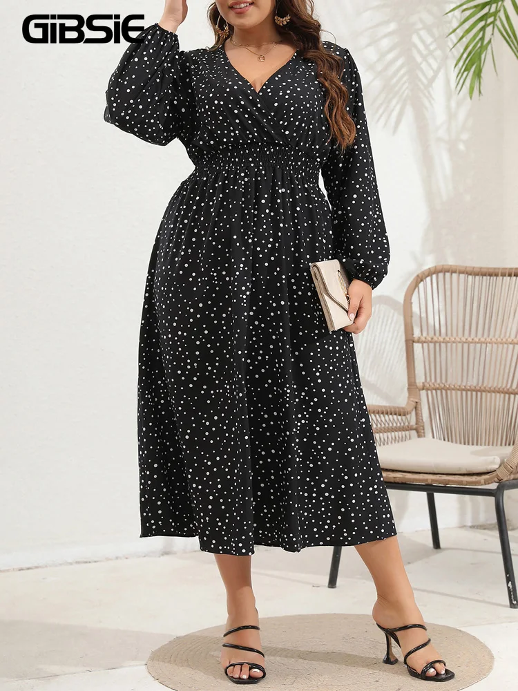 

GIBSIE Plus Size Polka Dot Lantern Sleeve Wrap V Neck Dress Women Elegant High Waist A-Line Flowy Long Dresses for Spring Fall