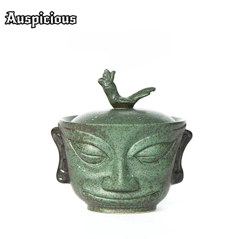 Sanxingdui Cultural And Creative Gaiwan Creative Bronze Mask Cover Bowl With Plate Vintage Tea Tureen Tea Maker Teaware Crafts