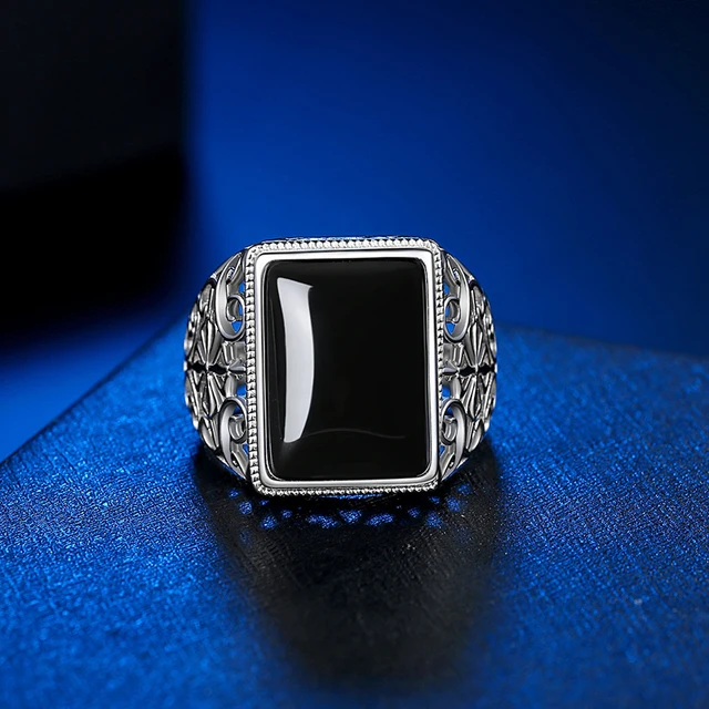 HuiSept 925 Silver Ring Jewelry for Men Geometric Shape Emerald Gemstone Rings Ornaments for Wedding Anniversary Gifts Resizable 2