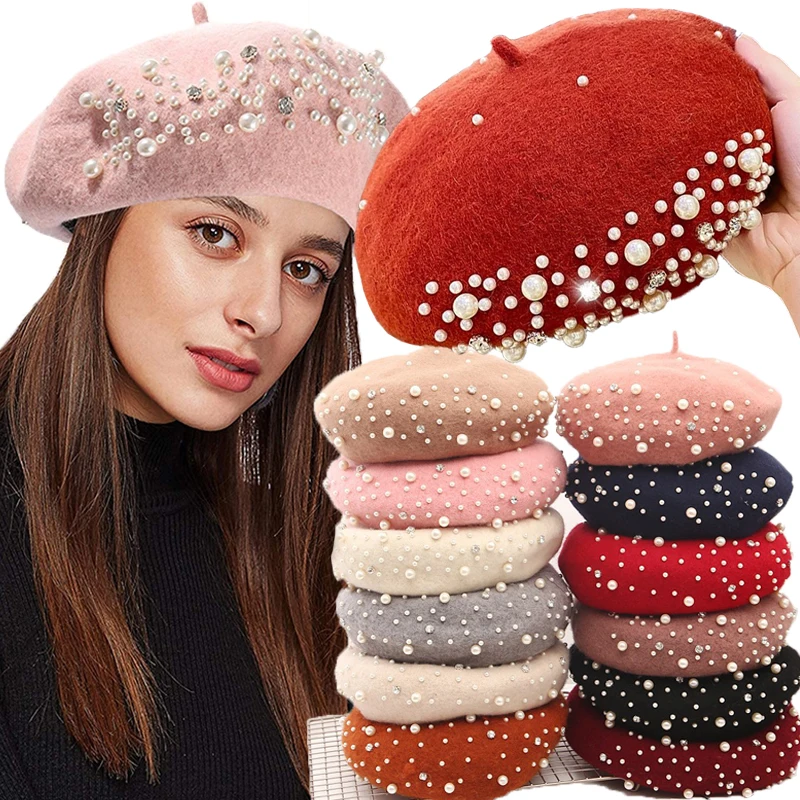 

Autumn-winter Pearl Beret Women Vintage Warm Skullies Beanies Solid Thicken Bonnet Caps Ladies French Artist Painter Hats