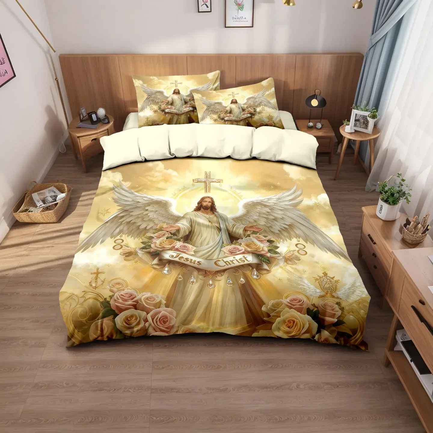 3pcs Jesus Themed Printed Polyester Bedding Set Soft and Comfortable Available in Multiple Sizes and Machine Washable