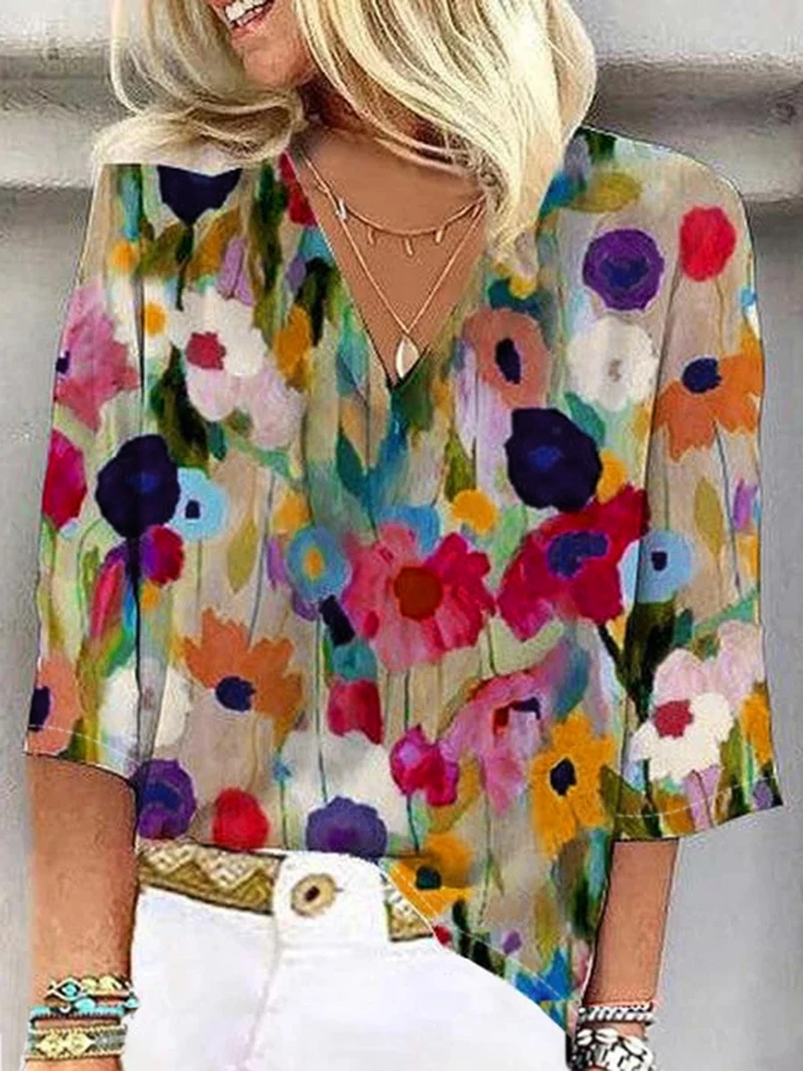 Damen-Bluse mit Blumenmuster, V-Ausschnitt, lässige, halbärmelige, lockere Hemden, Frühling, Sommer, Vintage-Boho-Tops