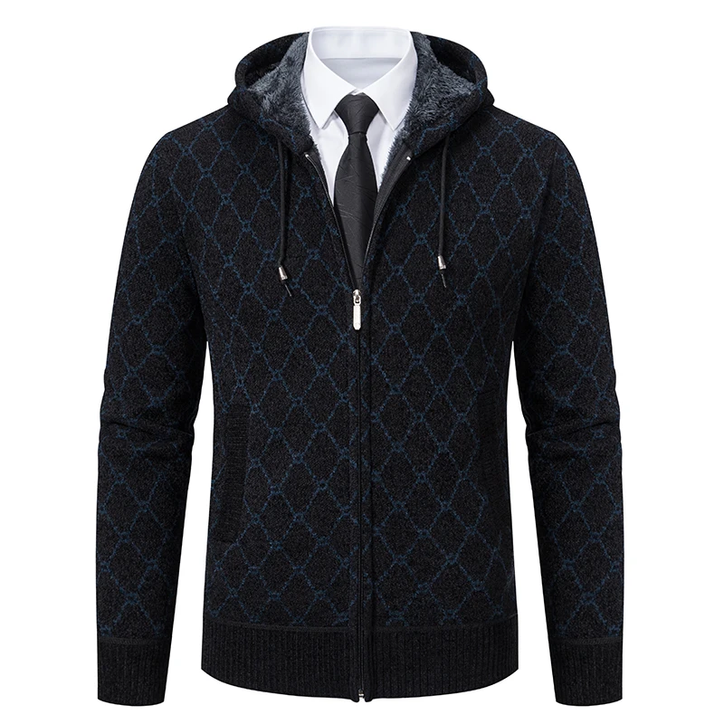 Male Cold Sweater Coat Winter Fleece Jackets Men's Y2K Knit Hoodies Zipper Cardigan with Hood Plaid High Quality Velvet Overcoat