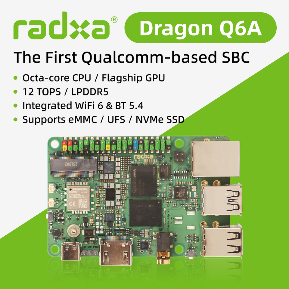 Radxa Dragon Q6A, Edge AI,  12 TOPS, LPDDR5,  Octa-core tri-cluster CPU，Flagship GPU