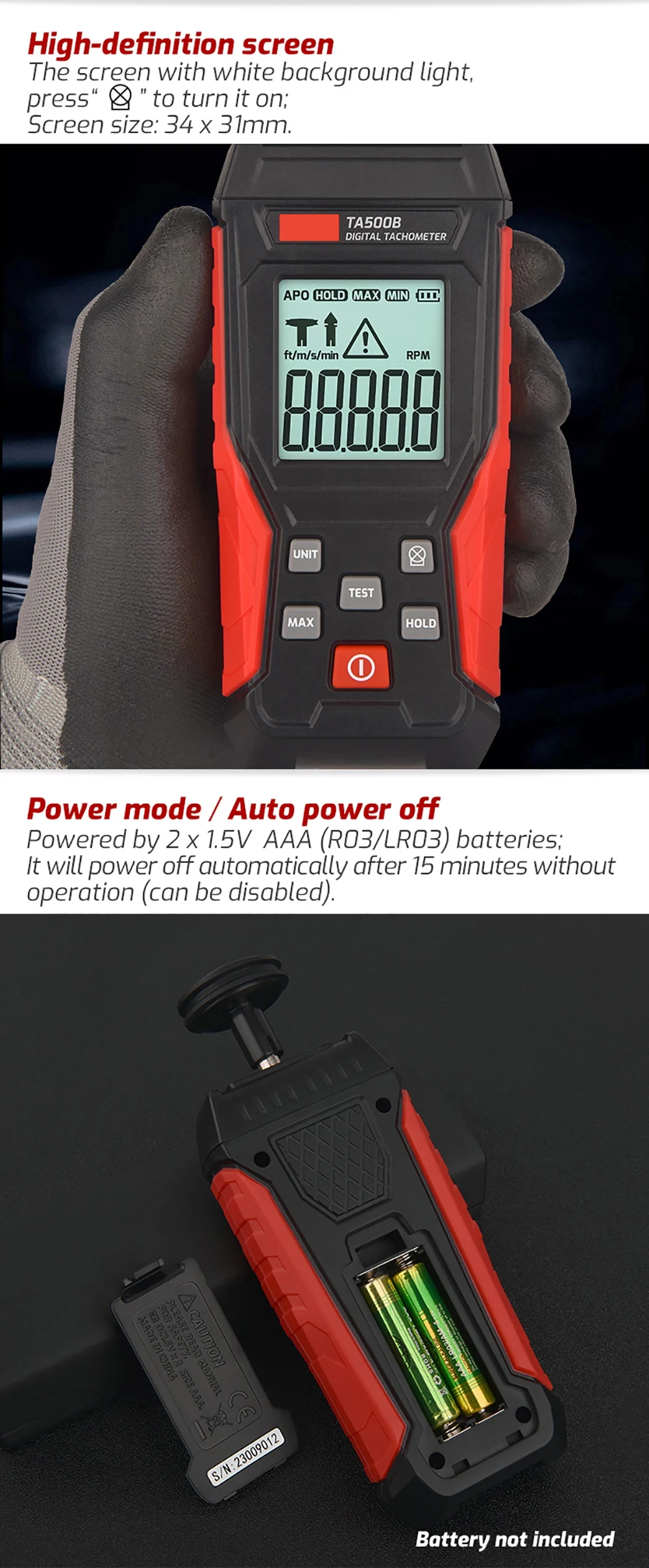 TA500C Digital Laser Tachometer Contact/Non-Contact/Dual Mode RPM Meter Engine S
