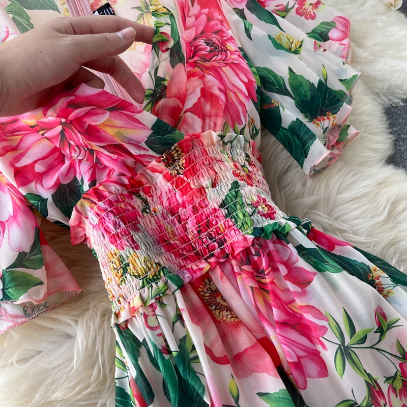 Elegant Party Dress Women Chiffon Printed Floral Long Dresses Ladies Short Sleeve Sexy V-neck Beach Maxi Dress Vestidos