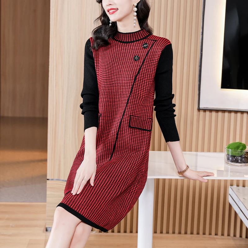 

Winter Women Bird Lattice Knitted Cotton Thick Warm Pullovers Autumn Korean Vintage Midi Dress Elegant Bodycon Wool Sweater