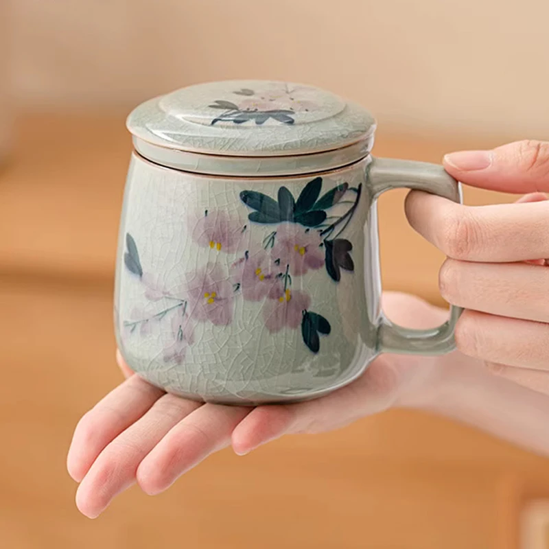 Chinese Style Tea Filtering and Separation Cups With Cover Personal Ice crack pattern Mug Home Drinkware Ceramic Office Cup, 1Pc