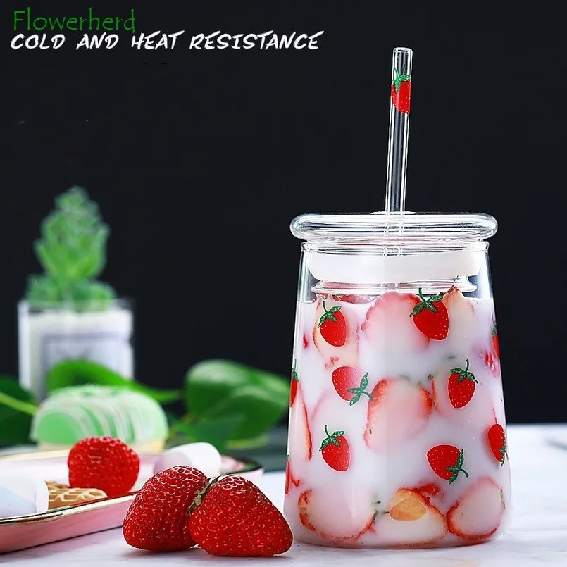 Large Capacity Water Bottle with Straw Cute Strawberry Glass Cup with Lid Heat-resistant Tumbler Cup Glass Bottle Drinkware