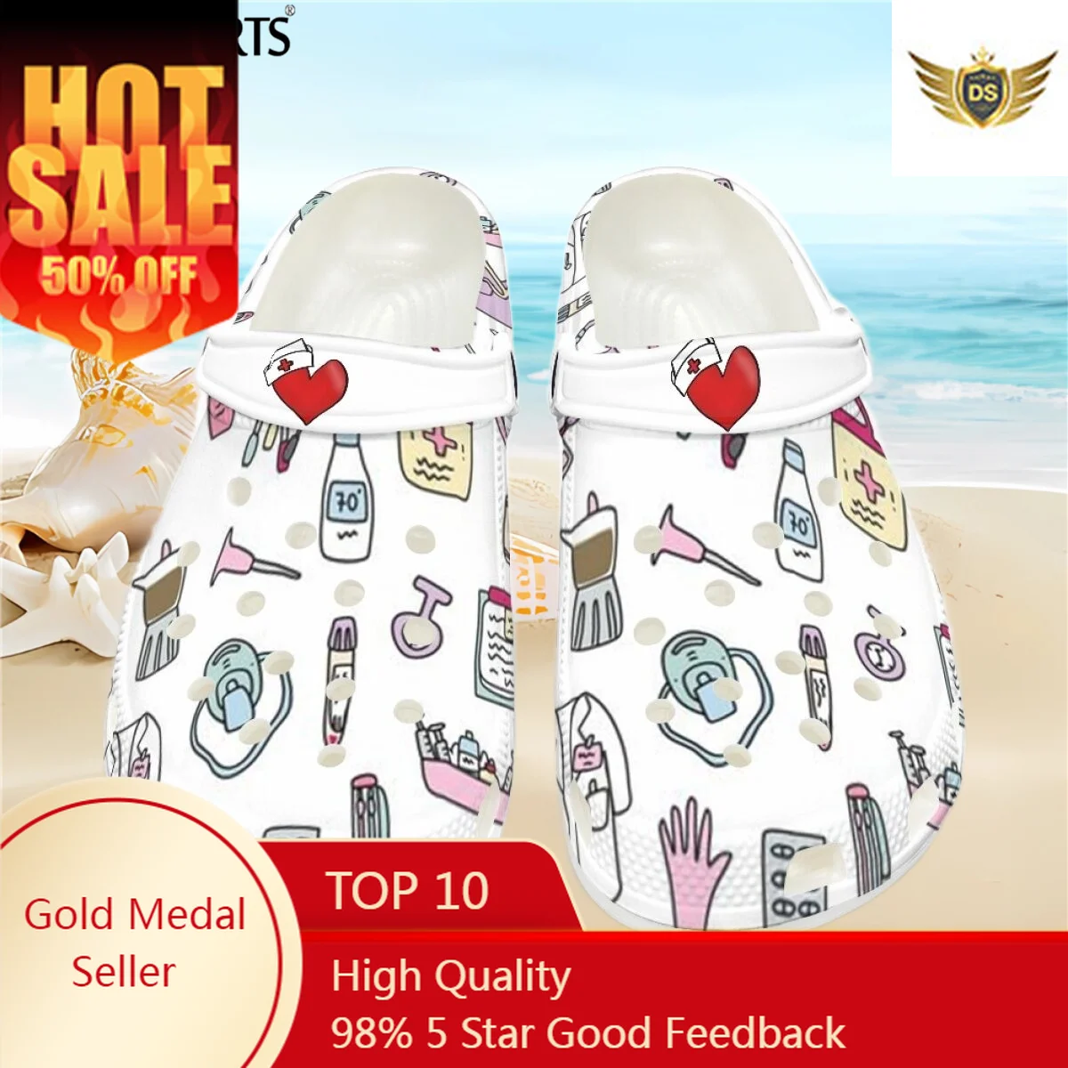 

Women's Non-Slip Hole Shoes Lightweight Round Toe Flat Shoes Medical Nurse Printed Clogs For Girls Summer Beach Loafers Hot