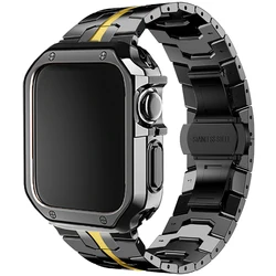 Premium Stainless Steel and TPU Apple Watch Strap with Case for 49mm (Black Gold-B)