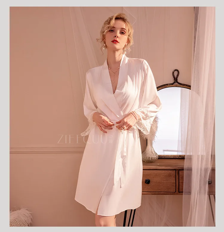 Sexy Sleepwear Silk Dress with Cloak Women Pajama Nightgown V-Neck Top Short Lingerie Set Female Night Wear Lace-up Nighty