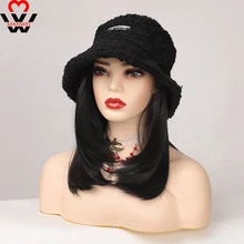 

MANWEI Synthetic wig Wide Brim Bucket Hat Hair Wig Black Brown Color Long Straight Hair Extension with Winter Warm Hat for women