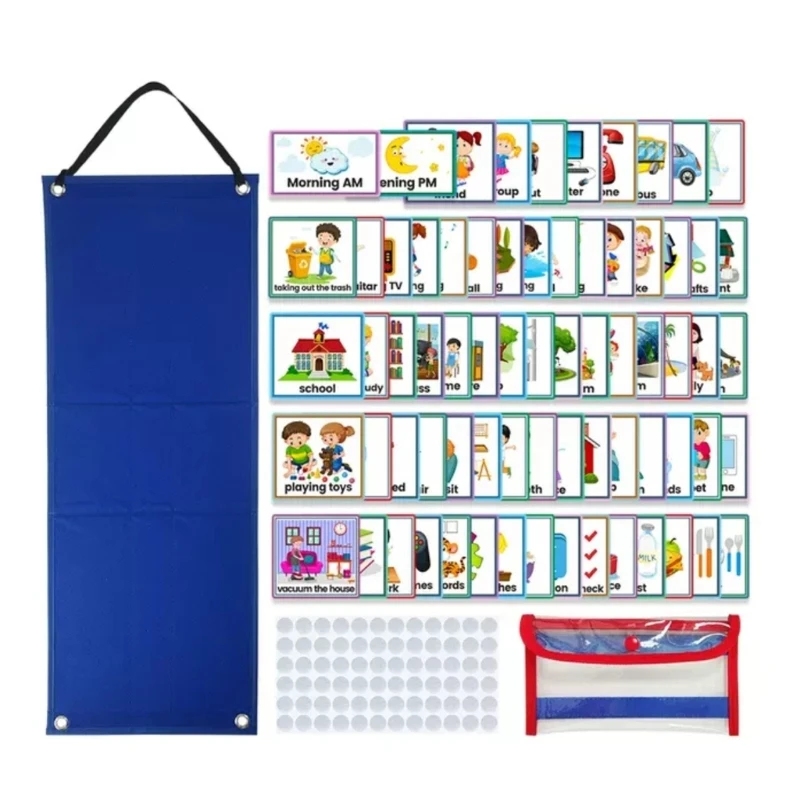 R9CB Daily Routine Chart with 70 Cards Responsibility Daily Schedule Board Schedule Pocket Chart Autism Learning Materials