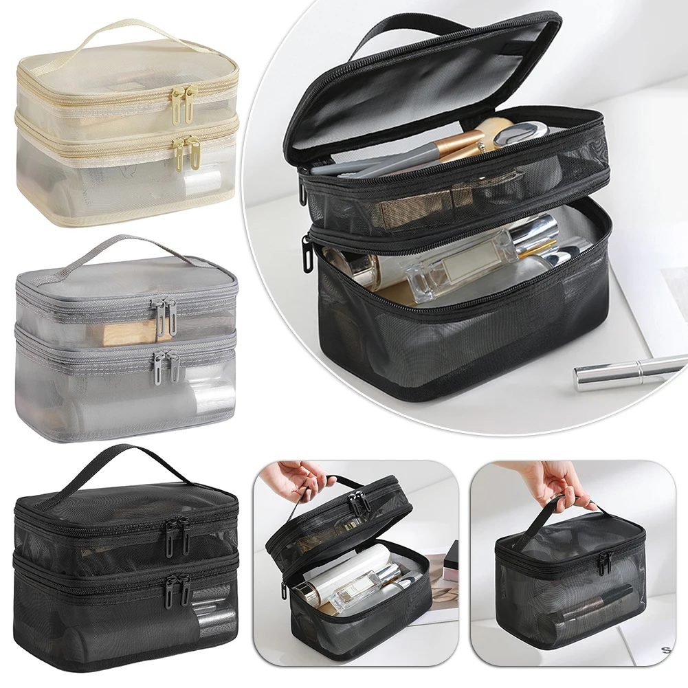Double Layer Mesh Makeup Organizer Female Toiletry Bag Make Up Case Storage Pouch, Cosmetic Bag, Organizer Bag for Travel Zip