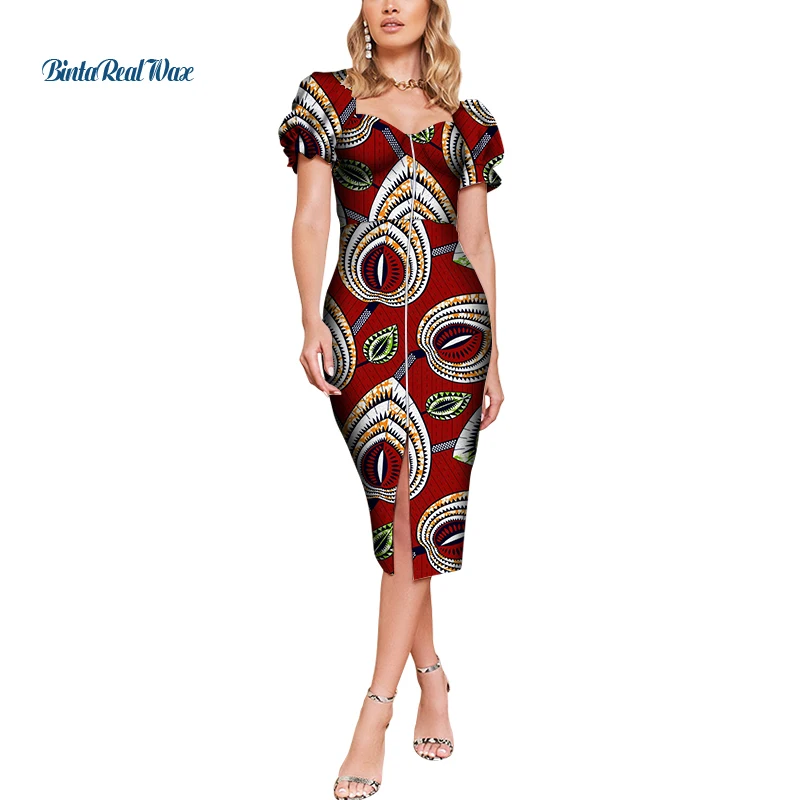 

African Dresses for Women Short Sleeve Bazin Riche Wax Print Patchwork Dresses Dashiki African Style Elegant Dresses WY7426