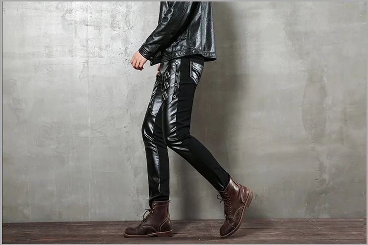 Mens Punk Fashion PU Leather Pants Personality Motorcycle Pencil Trousers Hip Hop Applique Black Leather Trousers Male