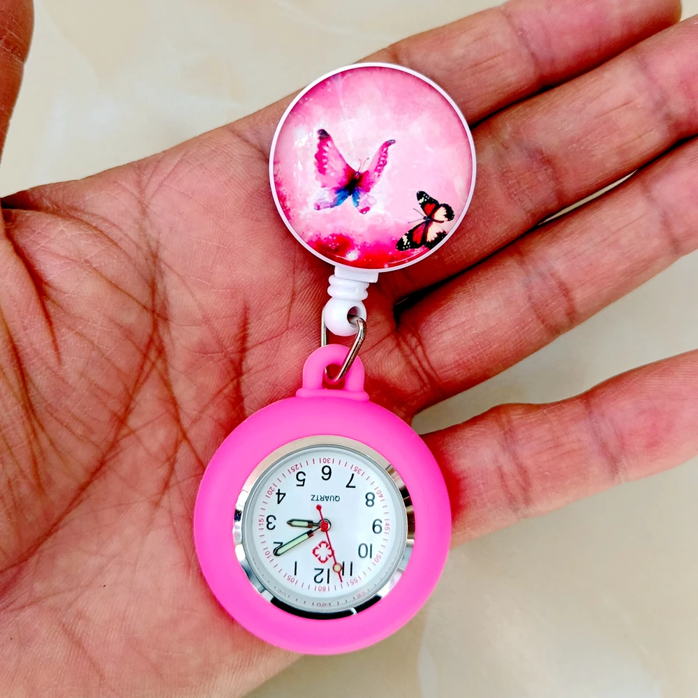 Retractable Cartoon Pretty Butterfly Nurse Doctor Pocket Watches Hospital  Medical Women Mens Hang Clips Badge Reel Gifts Watch