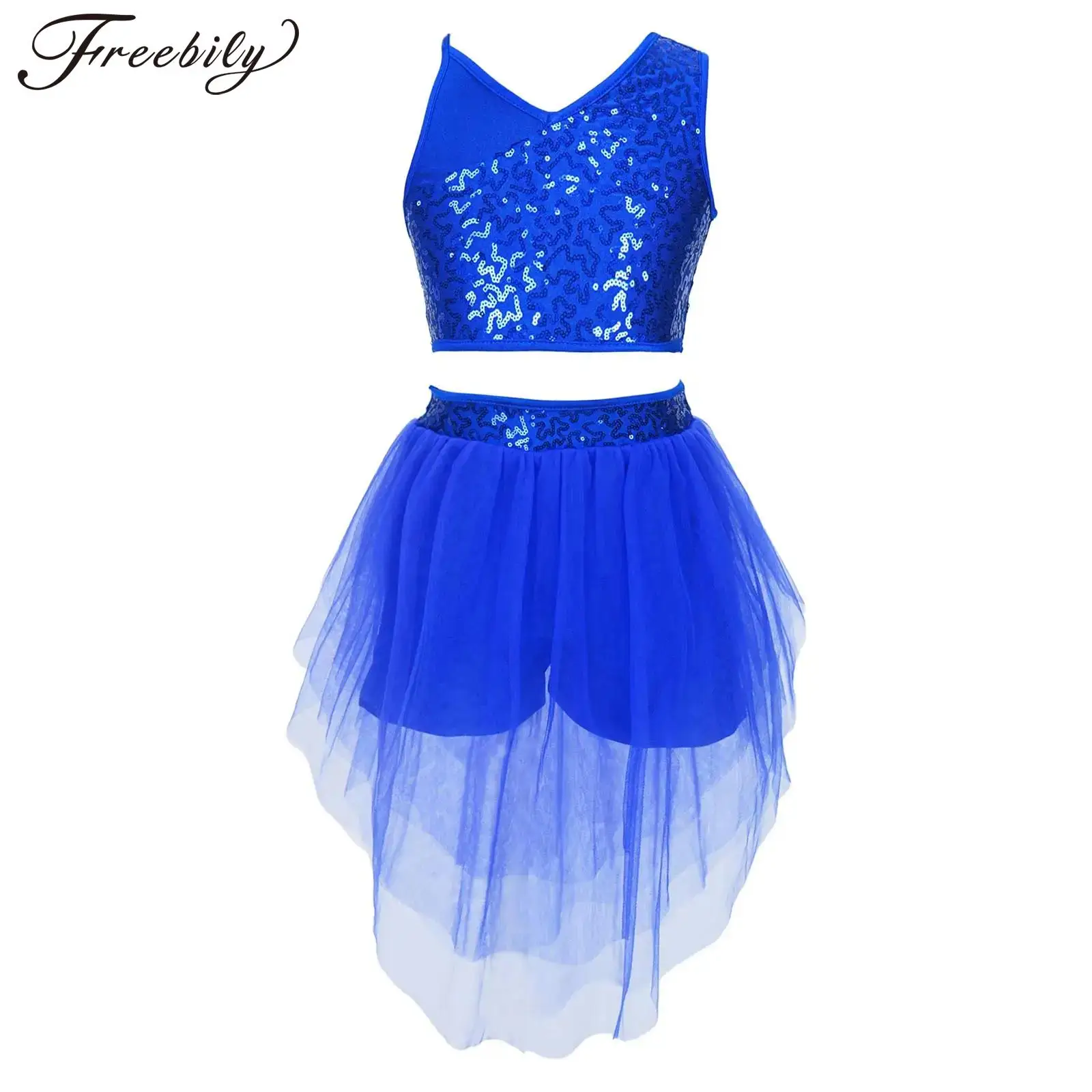 

Kids Girls Ballet Lyrical Dance Performance Outfit Gymnastics Skating Dancewear Sleeveless Sequin Crop Top with Mesh Boxer Skirt