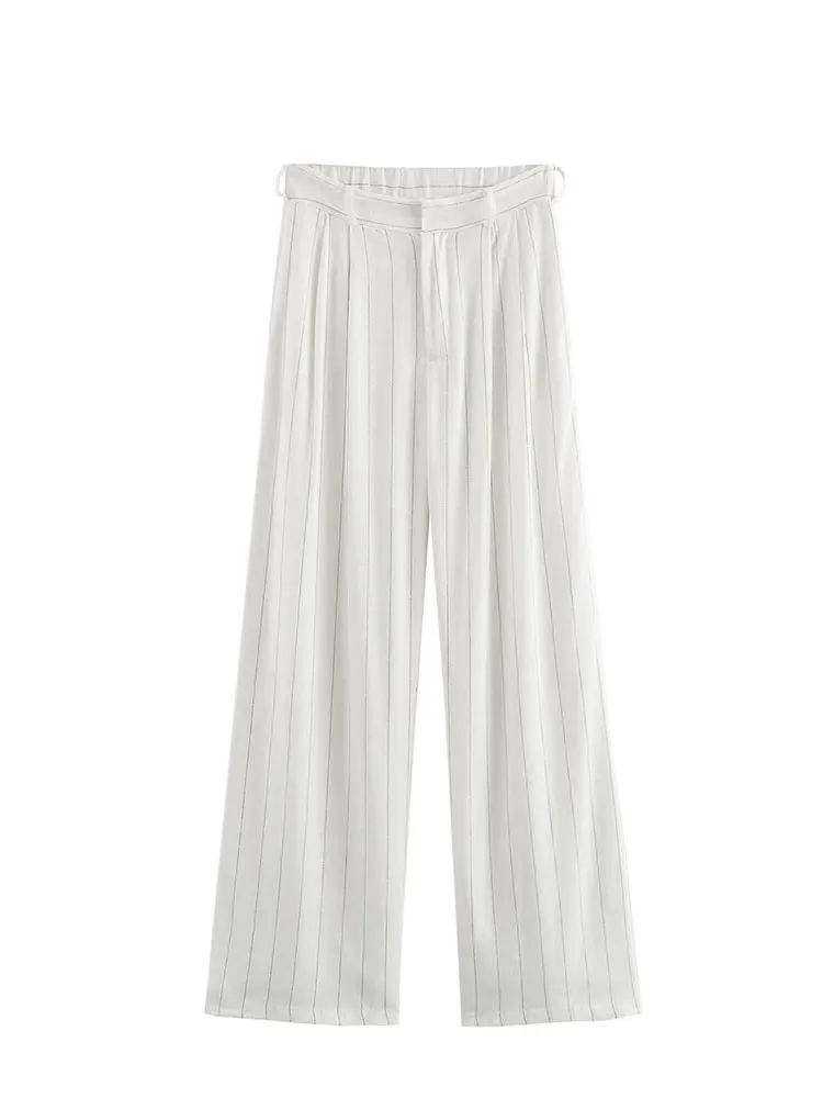 

Брюки женские хлопково-льняные в полоску, с карманами, на молнии