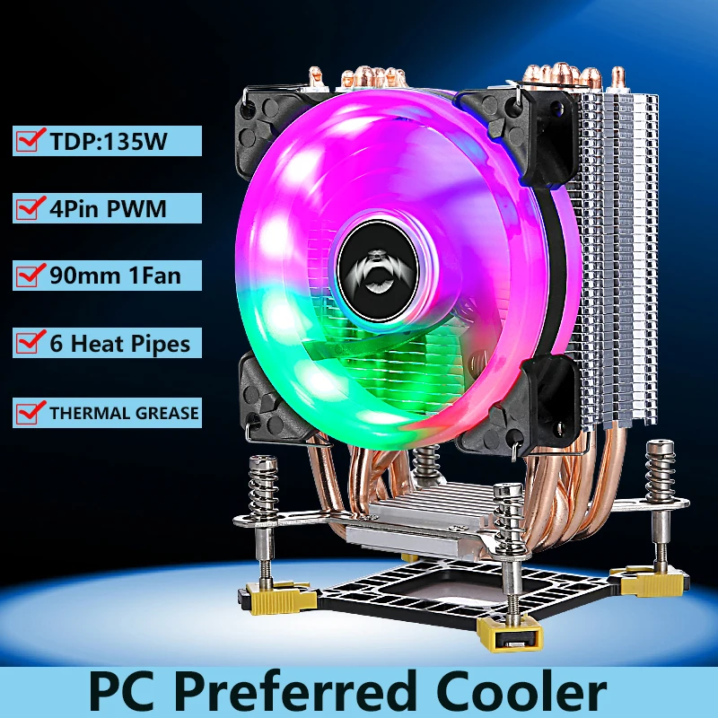 

QIUzAim Air-cooled PC Tower Radiator 6 Heat Pipe Cooler CPU Cooling PWM Fan Installing LGA775 115x 1200 1700 i3 i5 i7 1356 1366