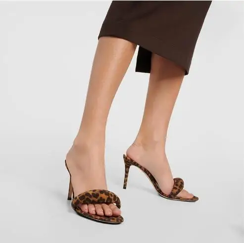 

Summer Women Sexy Leopard Suede Round Open Toe One Line Slip On Thin Heels Slide Slippers Female High Heel Sandals Shoes Size 46