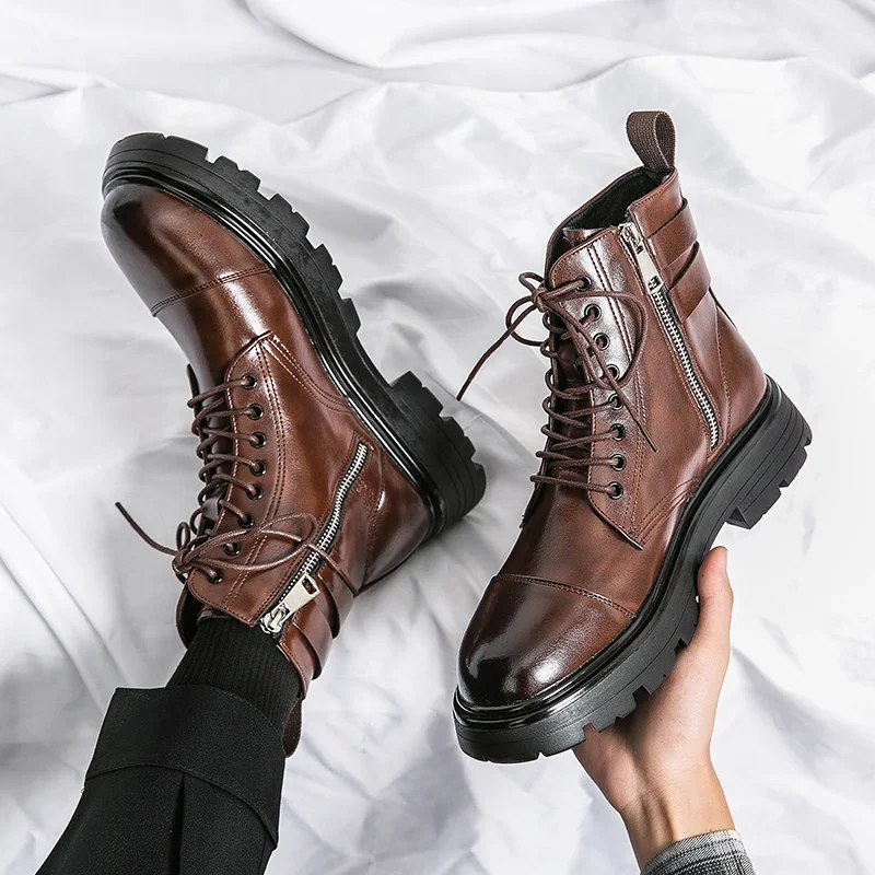Mens Leather Boots Motorcycle Leather Boots Winter Boots Fashion Brown Leather Men's High Boots Motorcycle Men Outdoor Thick Bottom Round Head Waterproof Ankle