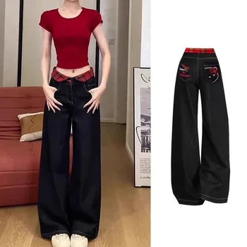 2025 New Long Jeans Sweet American Hot Girls Embroidered Jeans Cute Women's Black Straight High Waist Wide Legs 1