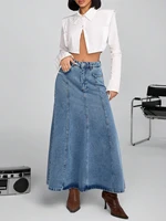 Women's denim long half skirt, with large A-shaped loose pleated design, stylish and elegant slanted pocket, nostalgic washed bl - Image 4
