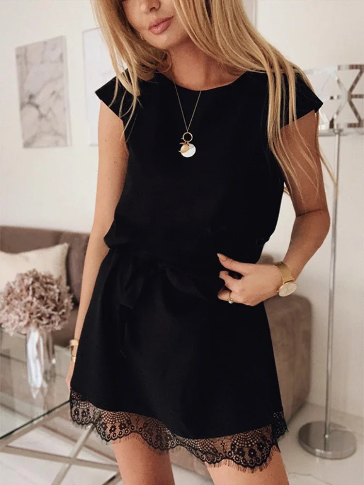 

Women Dress 2023 Short Sleeve Straight Lace Mini Party Dresses Summer Elegant Femme Party Dress Black Clothing