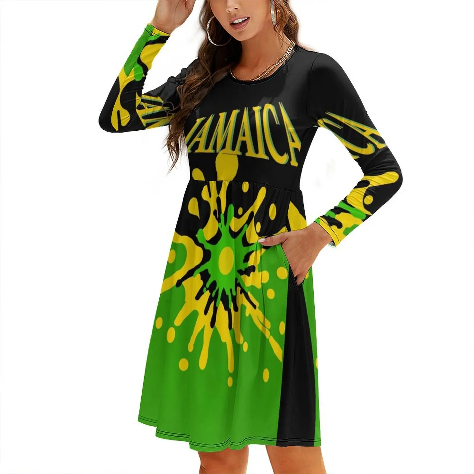 

a splash of Jamaica colors Round Neck Baggy Dress Casual dresses Women's evening dress long dress women beach outfits for women