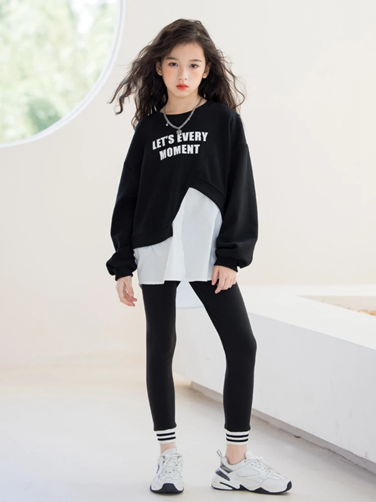 

Autumn Girls Clothes Set Irregular Patchwork Sweatshirt Leggings Two Pieces Teenage Children Costumes Black Casual Kids Outfits