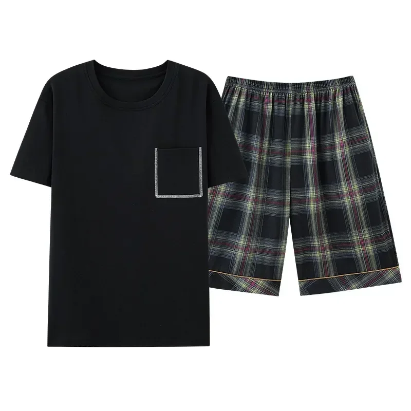 

Homewear Big Yards Short Male Sleepwear Men Shorts Sleeve Young Summer Pajamas Set Cotton Clothes Home Plaid O-neck