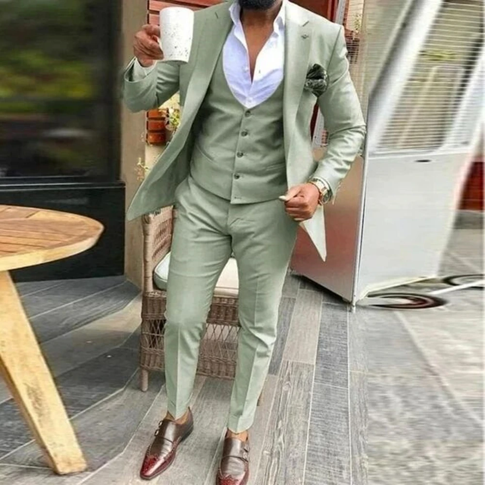 Green Men Suit Slim Fit Formal Business Office Casual Suits For Male Wedding Groom Tuxedo Party 3 Pieces (Jacket+Pants+Vest )