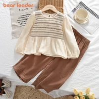 Bear Leader Korean Version Plain Kids Casual Wear Simple Girls Clothes Autumn Color Blocked Long Sleeved Top+Pants 2Pcs Set