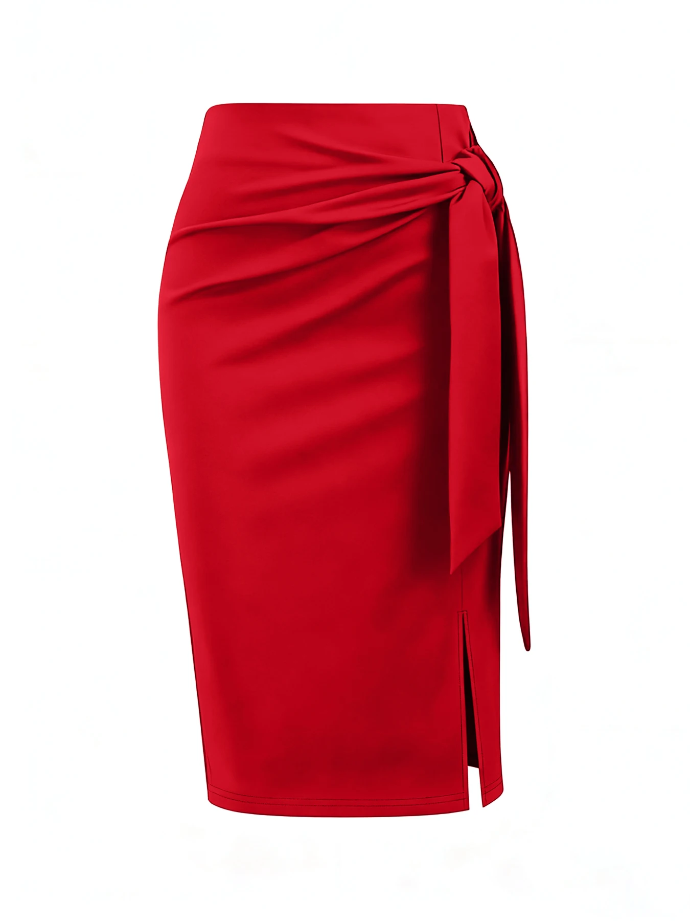 חצאית גוף אדומה עם שסע לנשים, אופנתית ואלגנטית עם עיצוב של קשירת מותן, מתאימה לעונות האביב והקיץ, מתאימה לשימוש יומיומי או במשרד, חצאית צמודה לגוף
