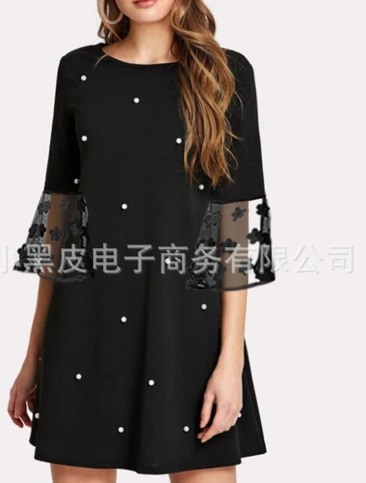 

Women's New Hot Selling Fashion 2023 Spot Monochrome A-Line Casual Loose Sleeve Round Neck Dress Short Dress