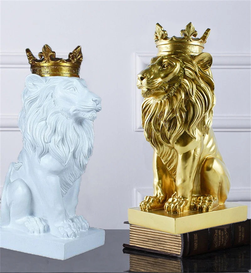 Statue du Roi Lion de la Couronne Sculpture de lion décoration de style nordique pour la maison et l'étude, figurines à collectionner, Statues d'animal en résine meilleur cadeau pour l'homme,White a