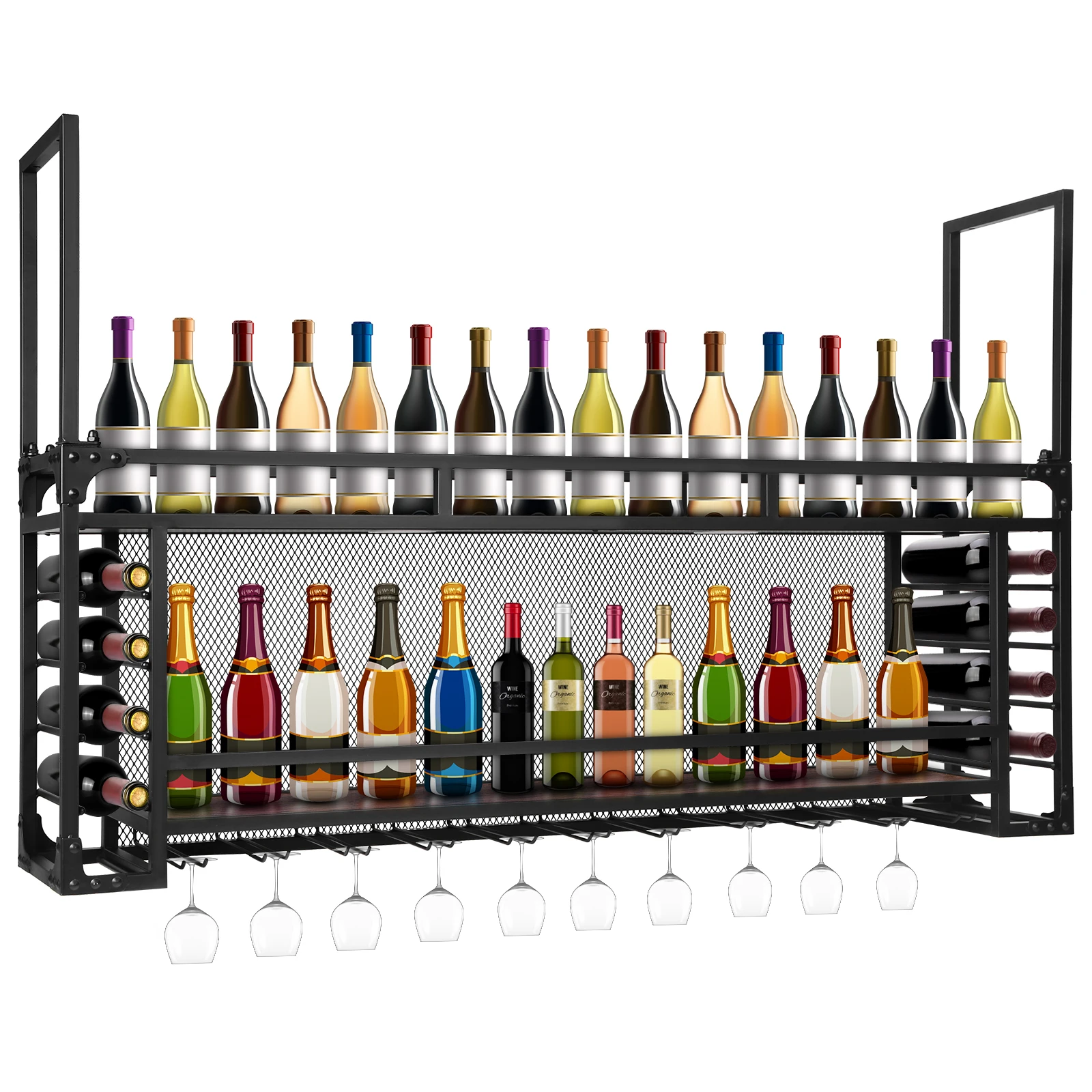 Wall Mounted 2 -Tiers Large Capacity Wine Holder 59.06x21.65x11.81inch Iron Wine Bottle Display Rack for Kitchen Dining Room Bar
