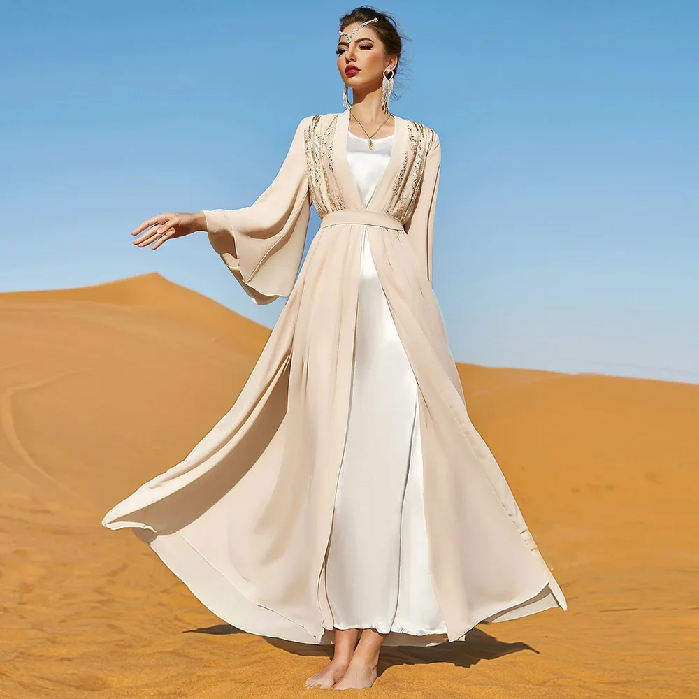 2025 New Chiffon Open Abayas for Women Dubai Turkey Kaftan Diamonds Belted Jalabiya Muslim Dress Islamic Clothing Arabic Robe 2