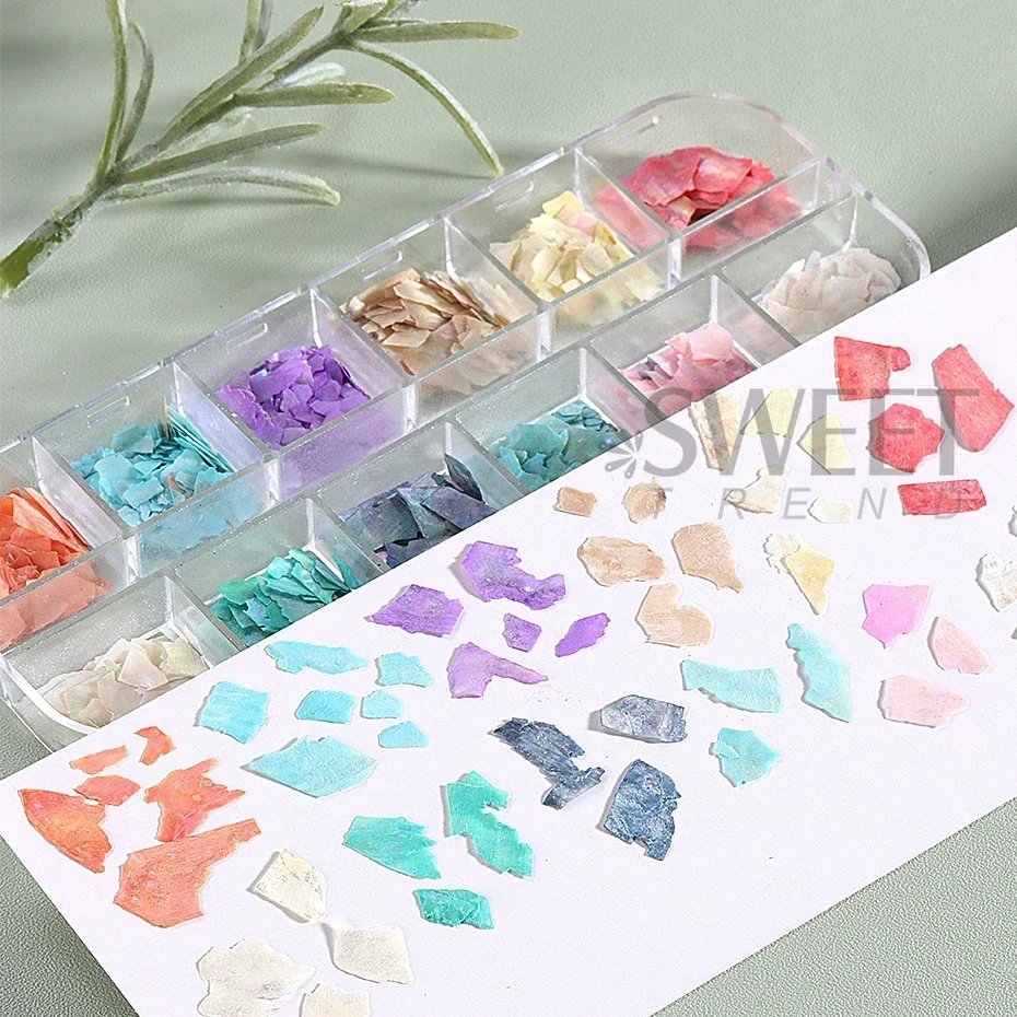 12 Grids Abalone Seashell Flakes Nail Sequin Holographic Irregular Broken Shell Slices Iridescent Mermaid Gel Polish Accessories