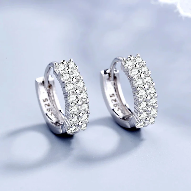 High Quality 925 Sterling silver Double row crystal Round Earrings Stud for women Fashion designer Jewelry Couple Gifts 2