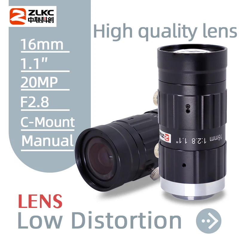 ZLKC HD 20Megapixel Lens 16mm 1.1 Inch Manual Iris F2.8 CCTV Parts FA Low Distortion Lens Fixed Focal C Mount Industrial Camera