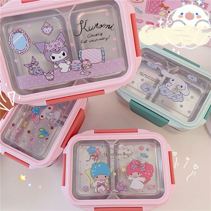 Kawaii Sanrio Cinnamoroll My Melody Kuromi Lunch Box High Capacity  Stainless Steel Grid Insulation Student Christmas Gift