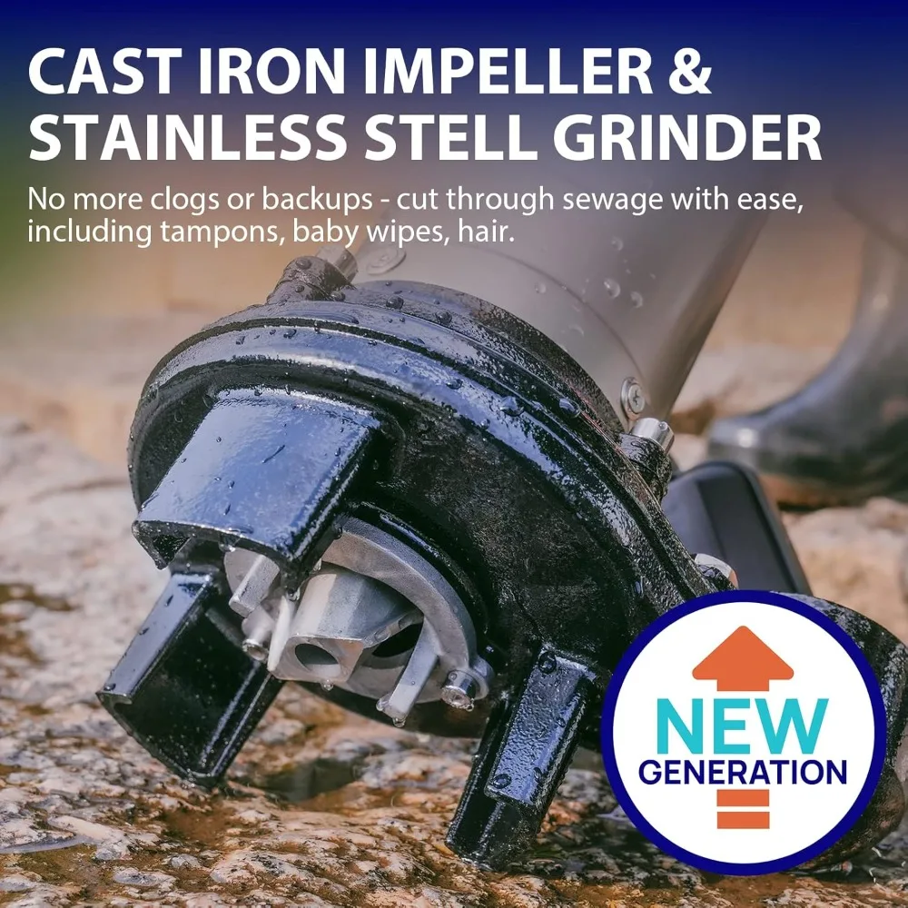 1HP Submersible Sewage Grinder Pump, Stainless Steel, 115V 3962GPH Auto Float Switch, 2'' NPT Discharge for Basement Sump