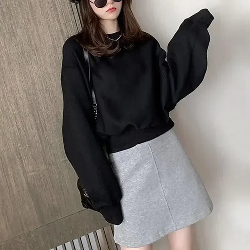 FA632 2024 Autumn New Women's Solid Color Hoodie Short Hoodie Women's Small Loose Long Sleeve Round Neck Top 4
