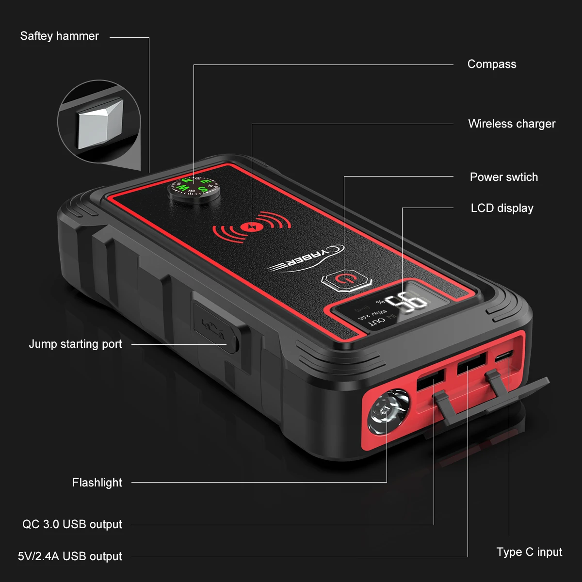 Yaber Car Jump Starter 2500A 23800mAh Portable Battery Booster